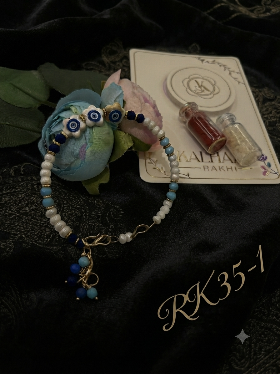 Blue Evil Eye Pearl Ladies Bracelet Rakhi RK35-1 | Premium Lumba Rakhi for Bhabhi