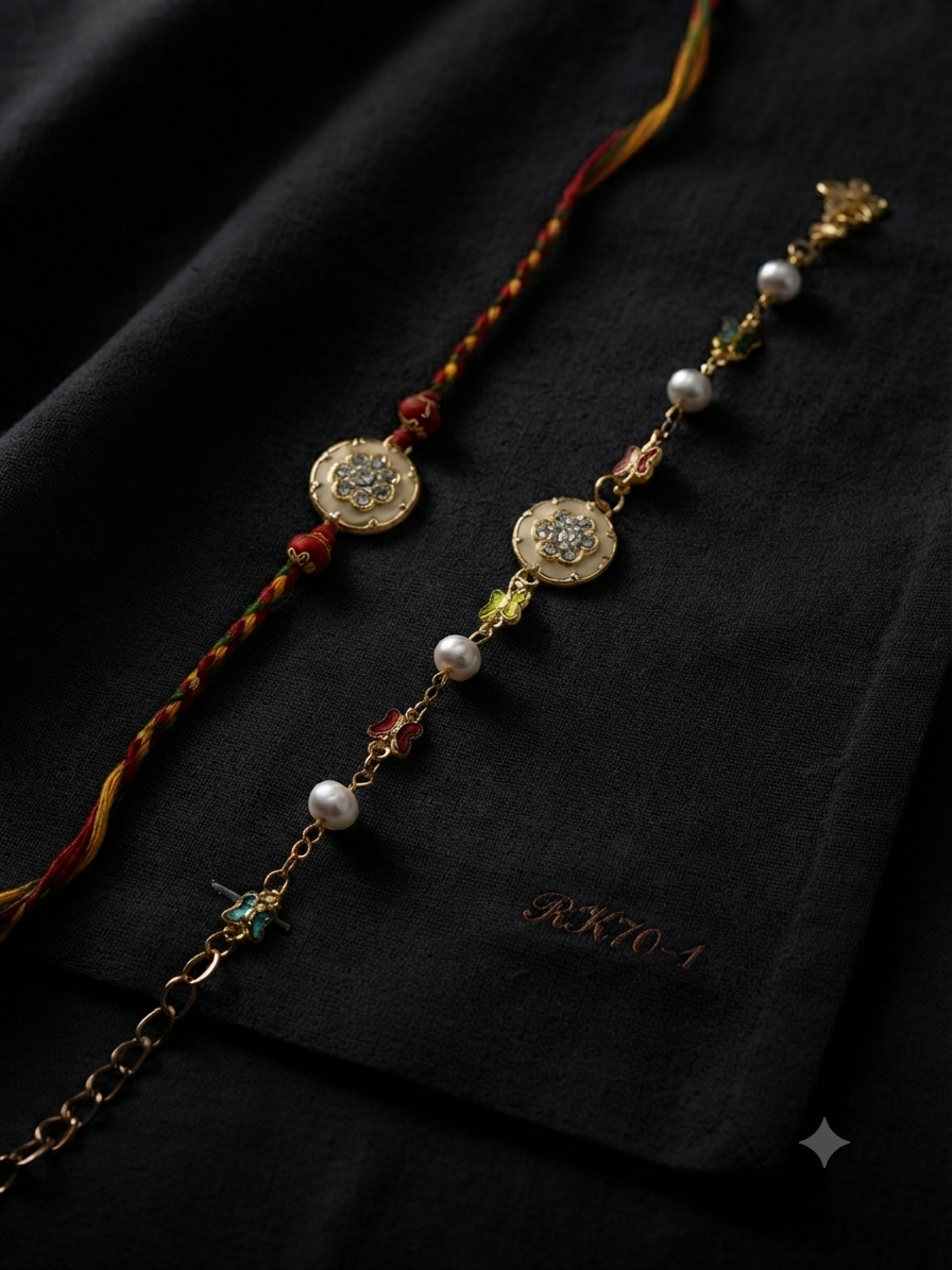 Premium Bhai Bhabhi Couple Rakhi Set RK70-1 | Floral Designer Rakhi with Ladies Bracelet Lumba