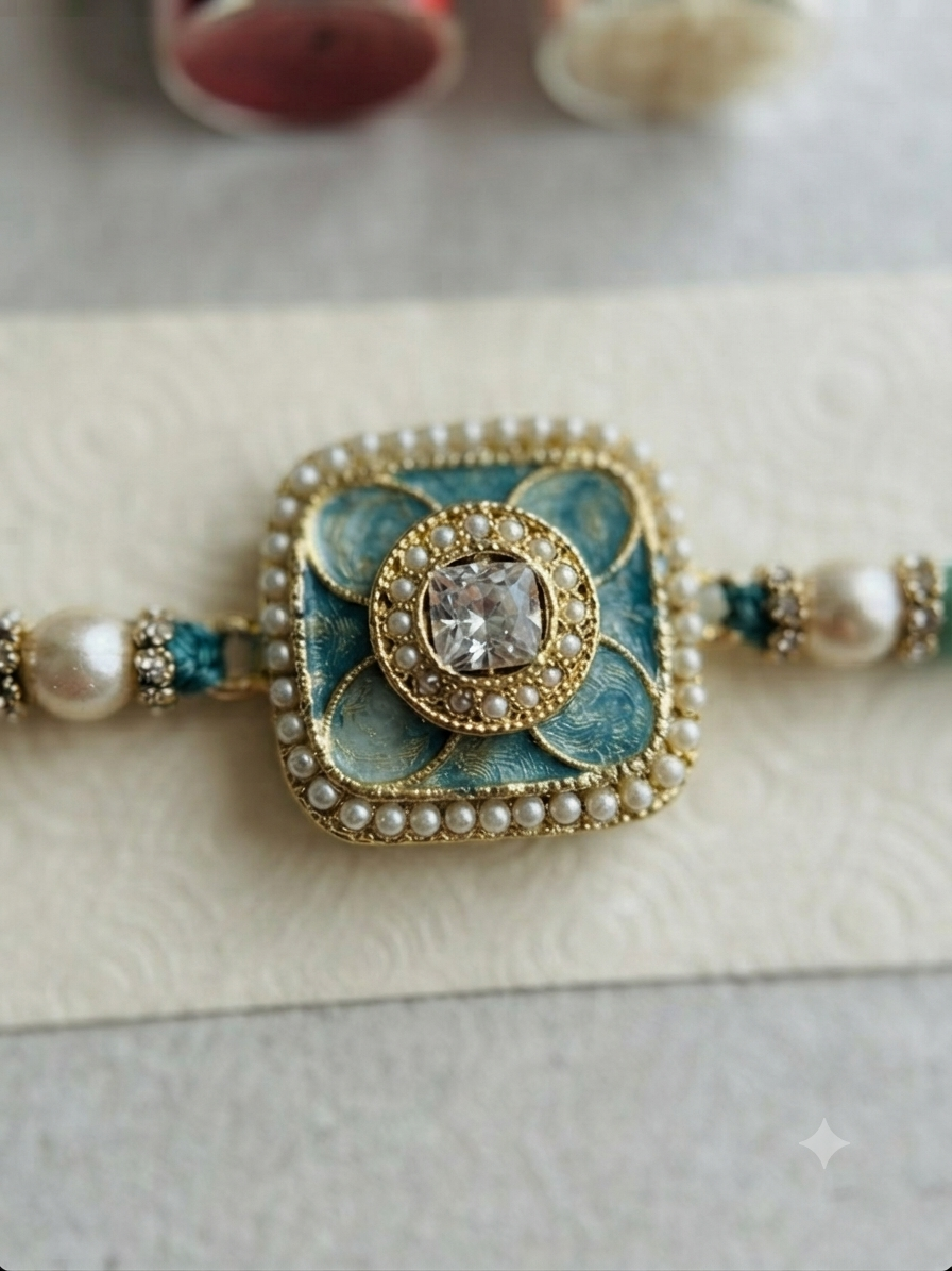 Premium Pearl & Kundan Designer Rakhi for Brother RK27-1 | Handmade Raksha Bandhan Rakhi