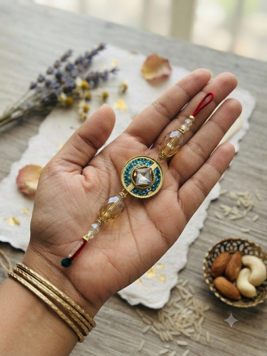 Premium Kundan Designer Rakhi for Brother RK25-1 | Handmade Crystal Raksha Bandhan Rakhi
