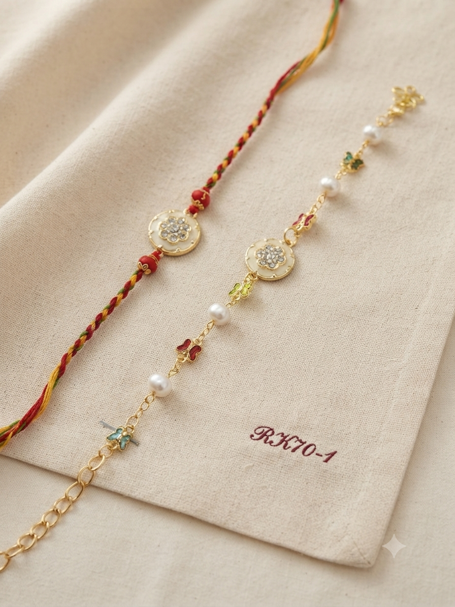 Premium Bhai Bhabhi Couple Rakhi Set RK70-1 | Floral Designer Rakhi with Ladies Bracelet Lumba