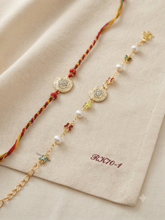 Premium Bhai Bhabhi Couple Rakhi Set RK70-1 | Floral Designer Rakhi with Ladies Bracelet Lumba
